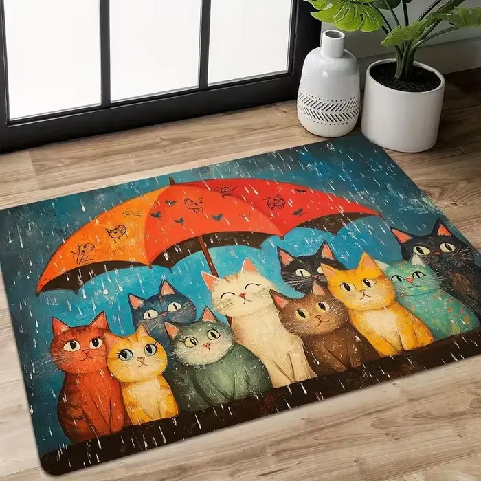 Tapis de porte antidérapant VIKAMA pour chat, motif chaton sous parapluie, idéal pour entrée et sall