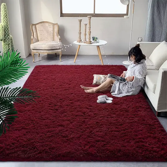 Tapis Shaggy super doux, tapis moelleux, zone rouge bordeaux, salon, chambre à coucher, chambre d'en