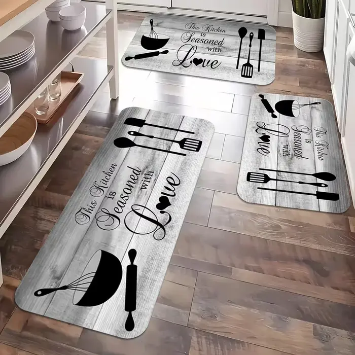 Tapis de lettres de cuisine à grain de bois gris