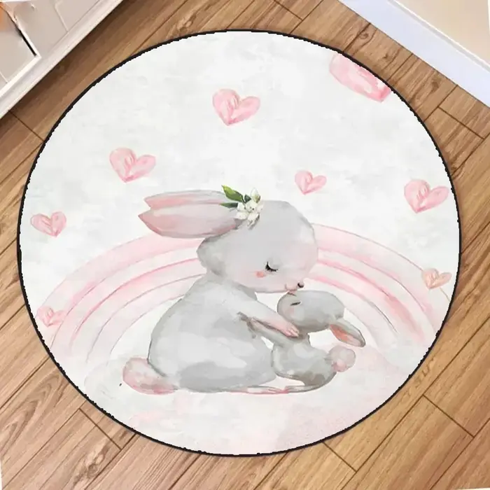 Tapis circulaire rose à motif de lapin de dessin animé