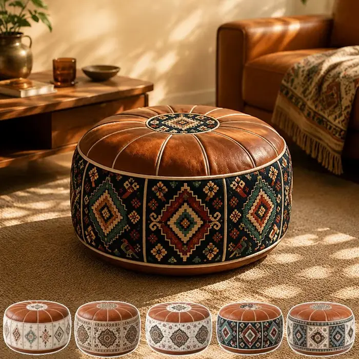 Pouf ottoman à motif bohème, design remplissable, grande ouverture, ottoman de rangement, cuir PU résistant à l'eau, coussin de sol