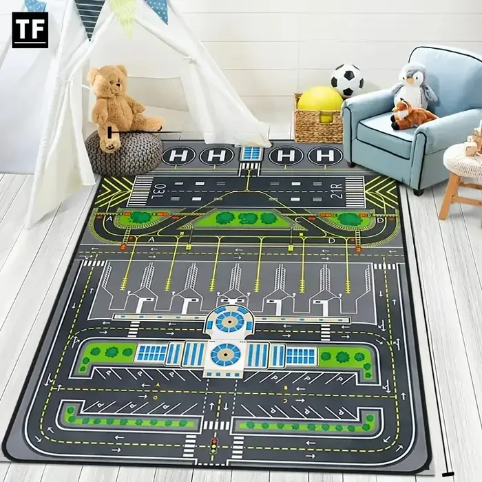 Tapis de jeu 3D VIKAMA: tapis lavable en machine de conception de thème de piste d'aéroport et d'avi