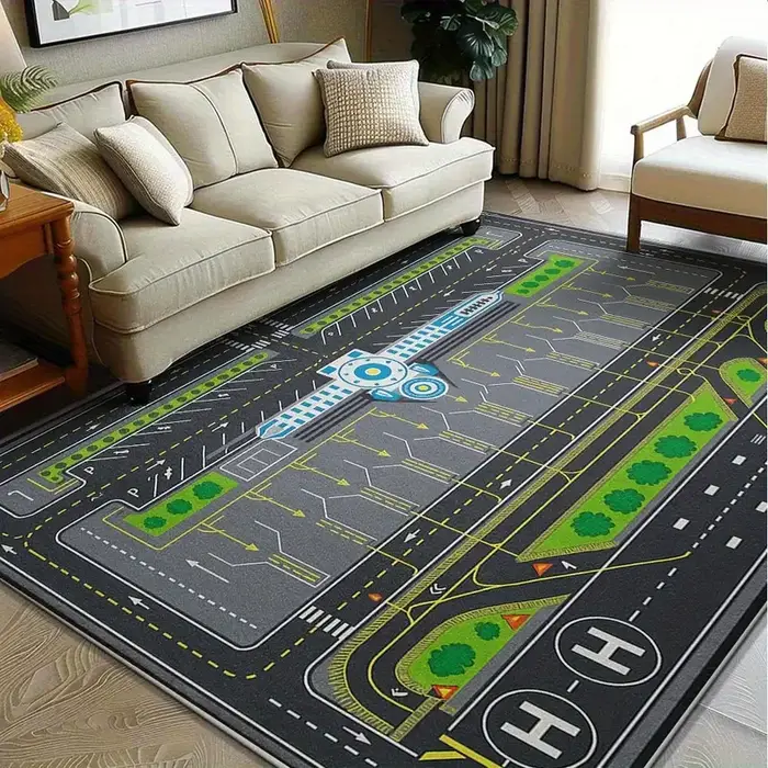 Tapis de salon à motifs abstraits de pistes d'aéroport, lavable en machine, antidérapant, doux, pour