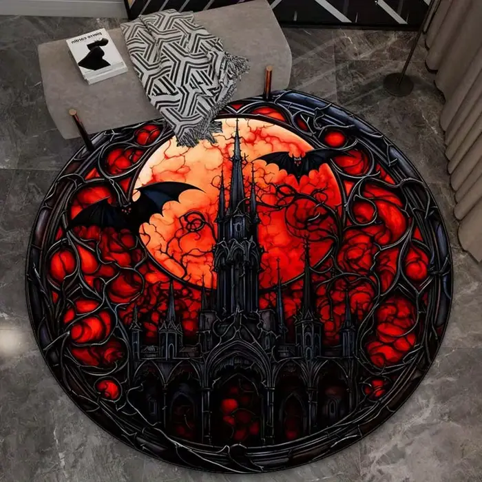 Tapis rond gothique château lune rouge chauve-souris