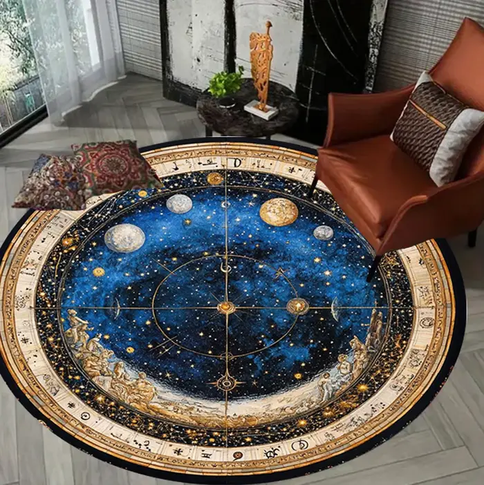 Tapis circulaire imprimé ciel étoilé, motif étoile lune, boussole de rêve, décoration de salon et de