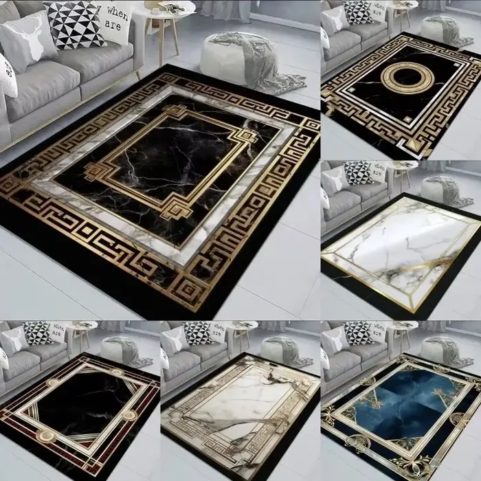Tapis décoratif élégant en marbre noir et or