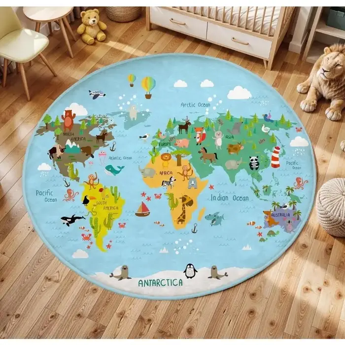 Tapis de sol rond imprimé carte du monde animalier