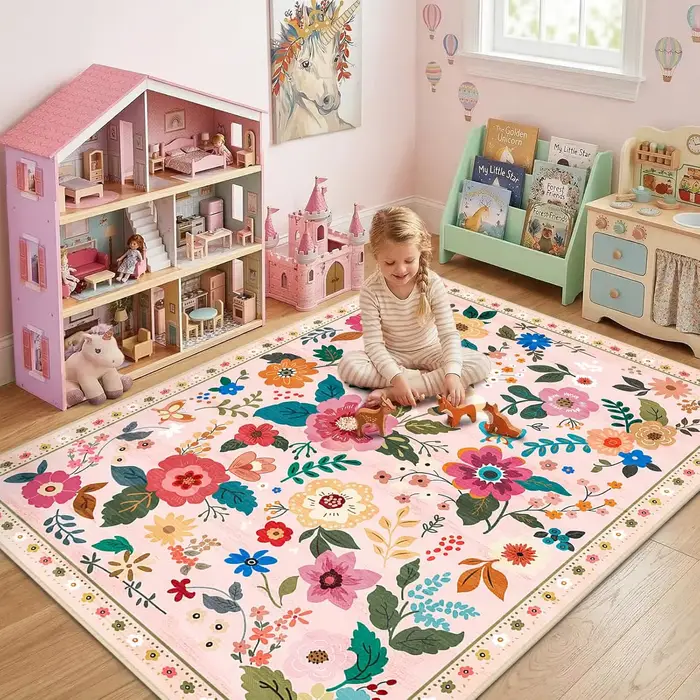 Tapis d'intérieur bohème rose à motifs floraux