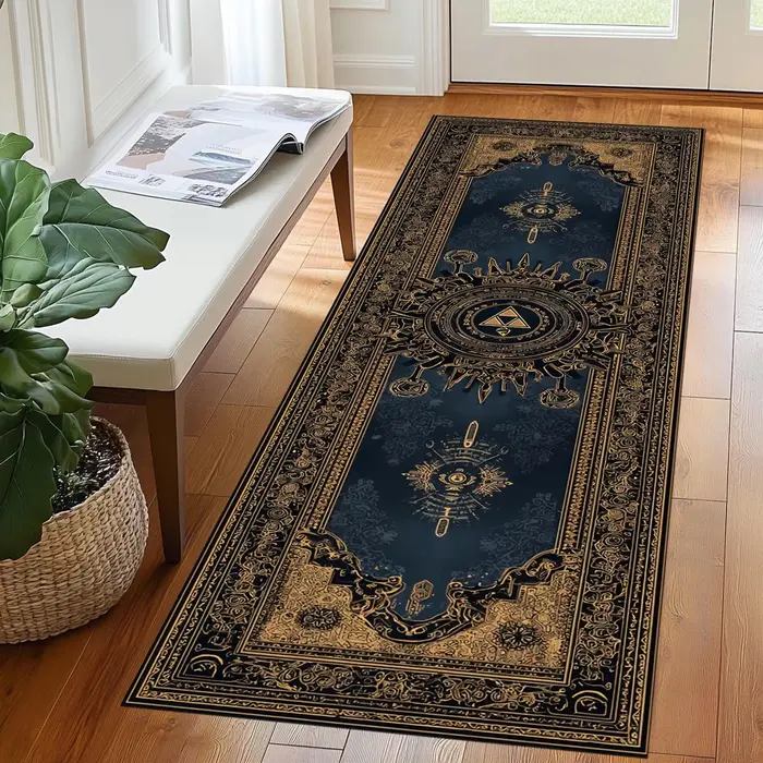 Tapis Triforce Runner Vintage Or et Bleu à Motifs Ornés Antidérapant pour Salon