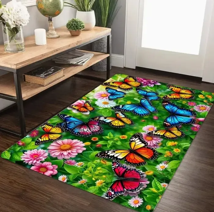 Tapis de sol Grand Format Motif Fleurs Sauvages Fraîches du Jardin, Impression Texturée Réaliste Gazon Vert et Marguerites Blanches, Idéal pour Salon