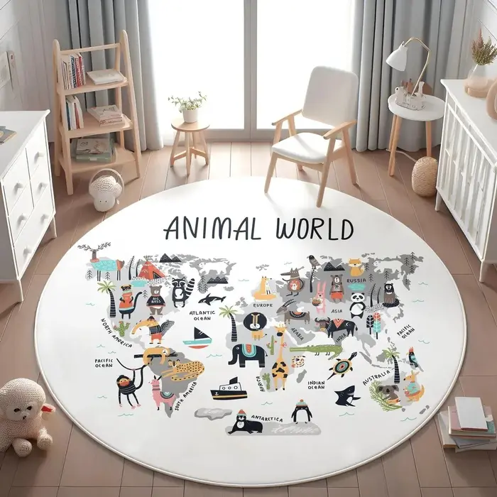 Tapis de sol rond imprimé carte du monde animalier