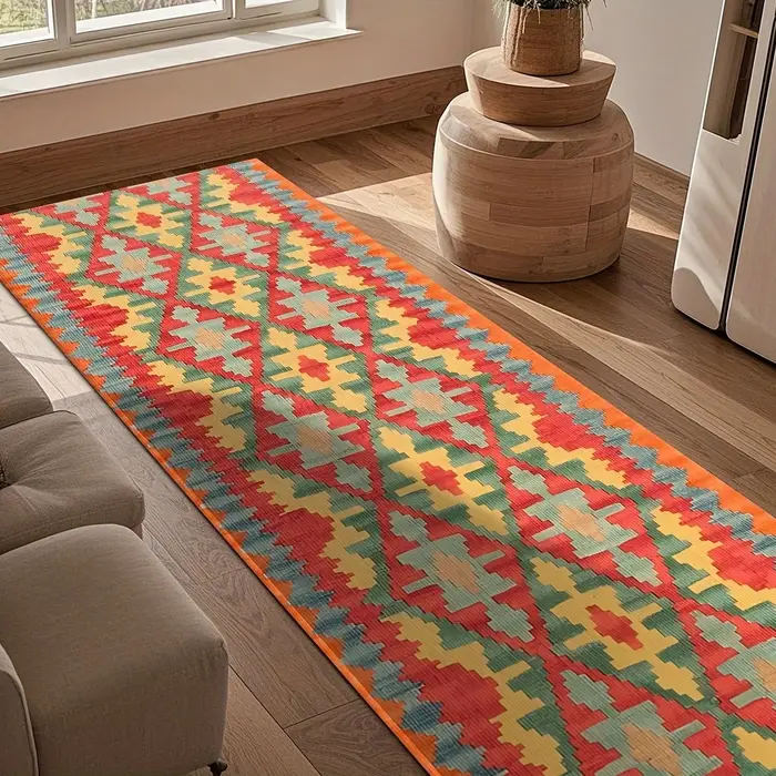 Tapis de couloir vintage aztèque, tapis tribal turc géométrique, tapis de sol long de luxe pour salo