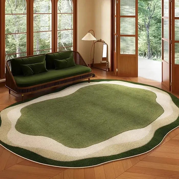 Tapis de salon vert irrégulier court en velours