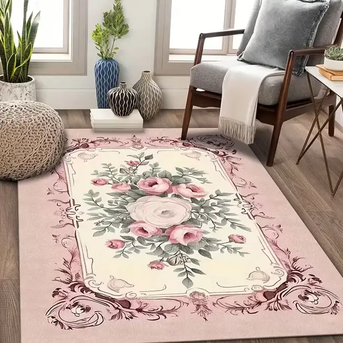 Tapis de salon vintage à motif floral rose français