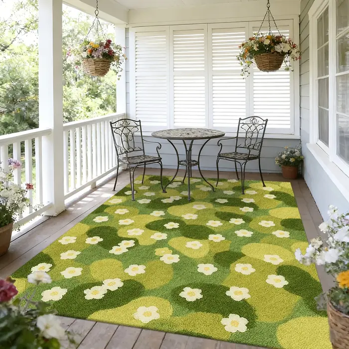 Tapis Décoratif Motif Champ Floral Vert Printemps Frais, Tapis de Sol à Imprimé Botanique Vif pour Aménagement Intérieur et Extérieur de la Cour et de la Maison