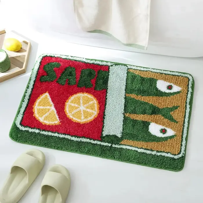 Tapis de bienvenue antidérapant en forme de boîte de conserve de sardines orange et bleue pour une décoration mignonne de cuisine et de maison