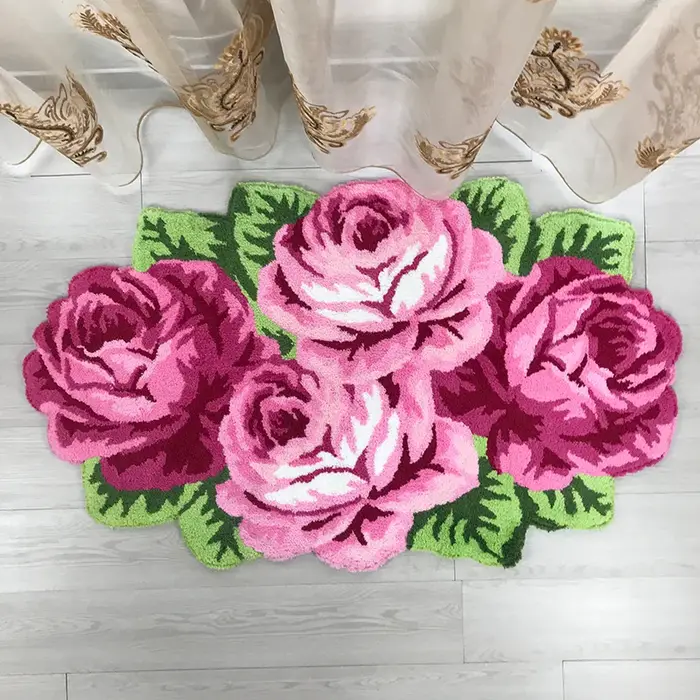 Tapis à fleurs touffeté en peluche douce, motif rose, pour chambre, salon, porte, salle de bain, bleu/violet/rouge/rose, décoration intérieure