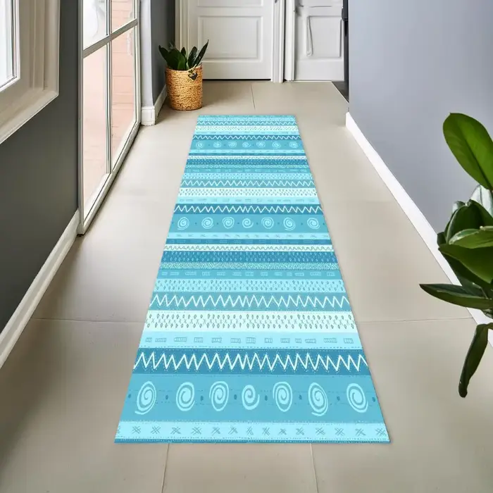 Tapis de couloir long rayé cyan clair