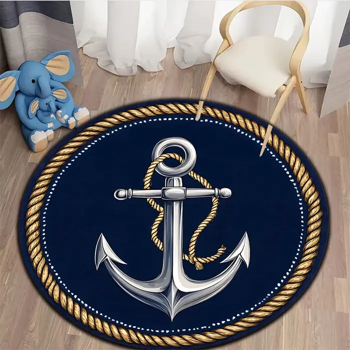 Tapis rond à motif d'ancre et de corde bleu marine