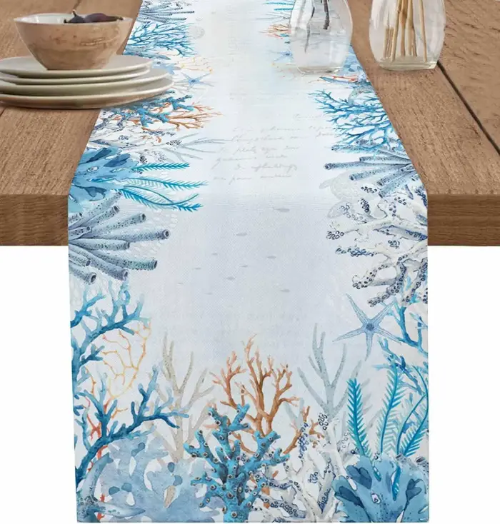 Chemin de Table en lin bleu côtier, poulpe, étoile de mer, décor de Table pour la maison, cuisine ré