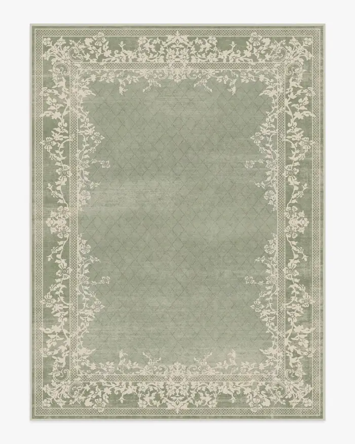 Tapis vert sauge juliette inspiré de la Régence, élégant lea, style de ferme européenne, chambre déc