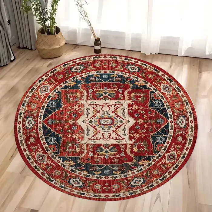 Tapis rond persan rouge vintage, tapis traditionnel oriental à motifs floraux, tapis de sol pour sal