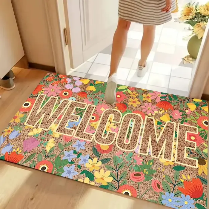 VIKAMA Tapis de bienvenue rétro à motif floral orange en fibre de coco naturelle antidérapant
