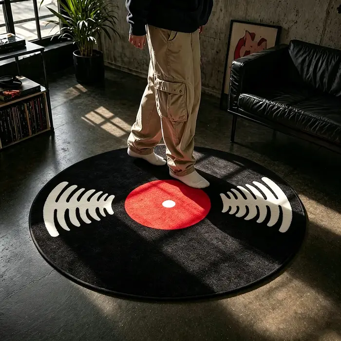 Tapis rond en vinyle, style rétro