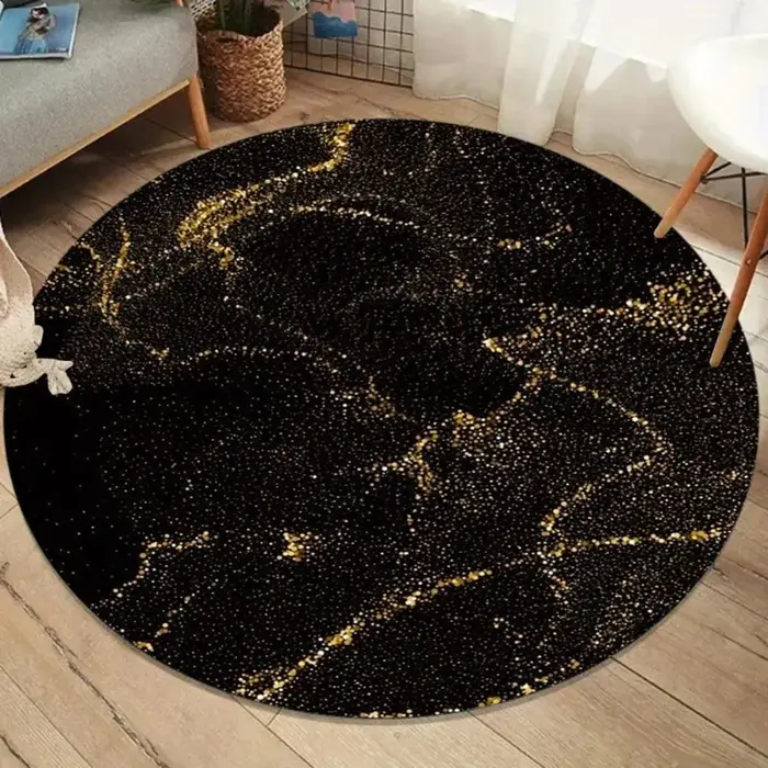 Tapis rond luxueux en marbre noir et or