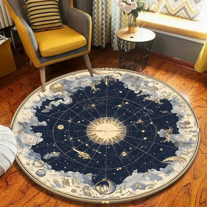 Tapis circulaire imprimé ciel étoilé, motif étoile lune, boussole de rêve, décoration de salon et de chambre à coucher
