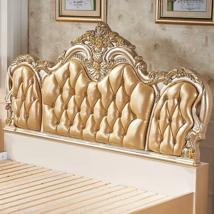 Ensemble de lit double de luxe européen doré, design pour chambre, petit lit double de luxe pour la maison, matelas en bois pour adultes, meubles pour la maison, lit