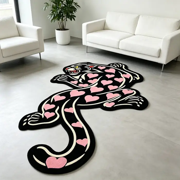 Tapis rose léopard de forme irrégulière