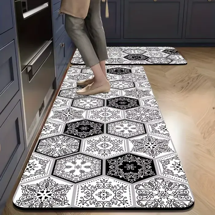 Tapis de cuisine hexagonal bleu et blanc VIKAMA Mediterranean