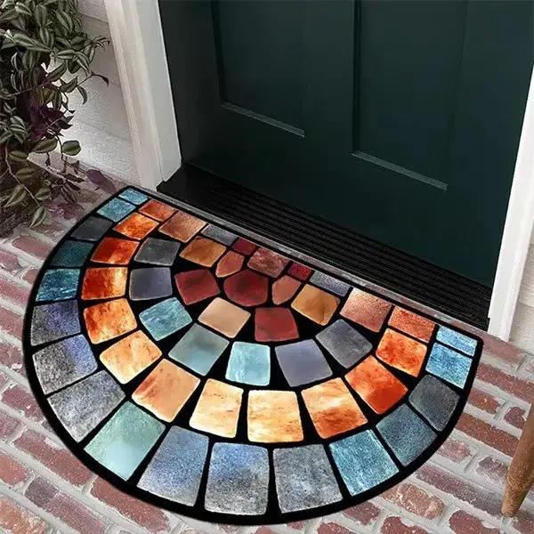 Tapis d'entrée semi-circulaire en mosaïque de vitrail, antidérapant, absorbant, doux, rétro, coloré,