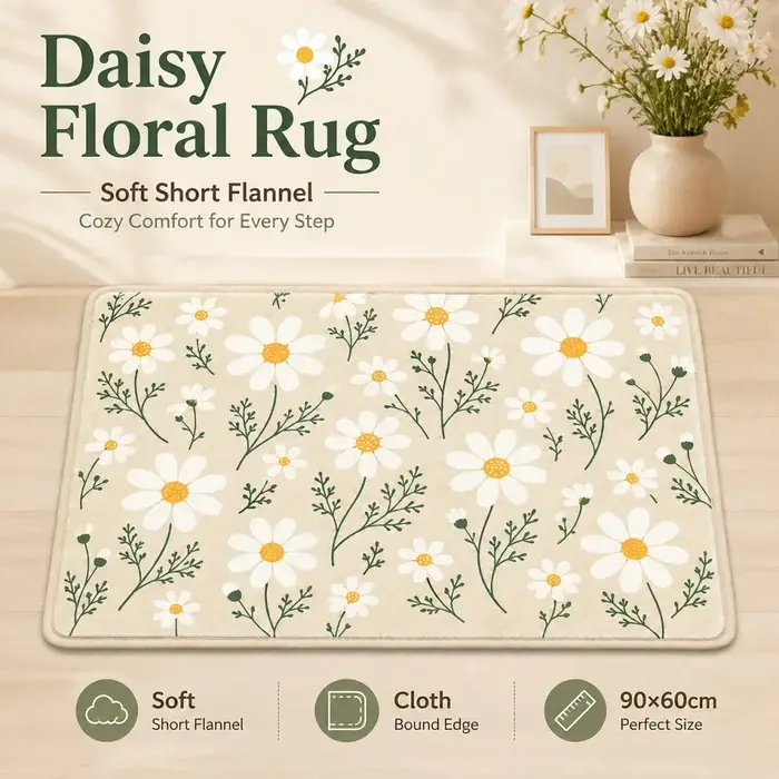 ESRBSO Tapis floral Daisy 90x60cm, tapis de sol antidérapant en flanelle courte et douce, bord en ti