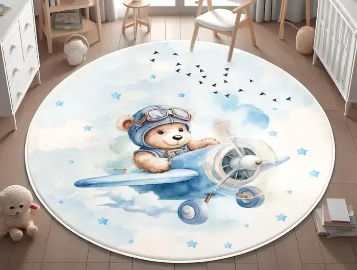 Tapis rond d'intérieur motif Ours pilote en aquarelle et Avion