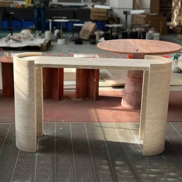 Table d'entrée en travertin beige clair, meuble de salon en pierre naturelle