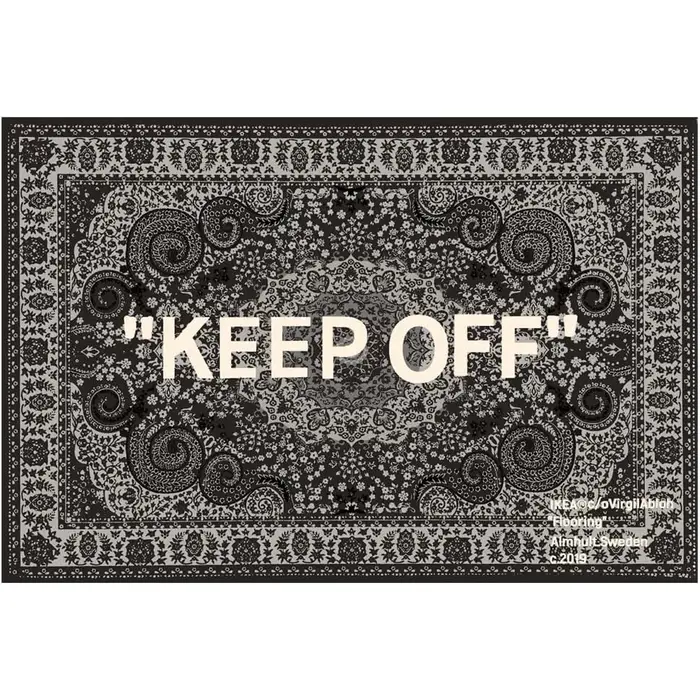 Tapis Paisley inspiré de Virgil Abloh « KEEP OFF » à motif noir et blanc, antidérapant et lavable, p