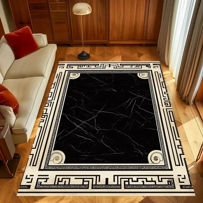 Tapis à Motif grec noir et doré, tapis de sol antidérapant à motif de marbre, adapté au salon, une chambre à coucher ou une décoration de la maison