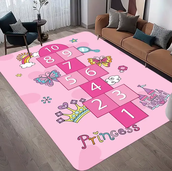 Tapis Rose Thème Ville pour Chambre de Fille, Tapis de Jeu Hopscotch pour Enfants, Tapis de Sol pour