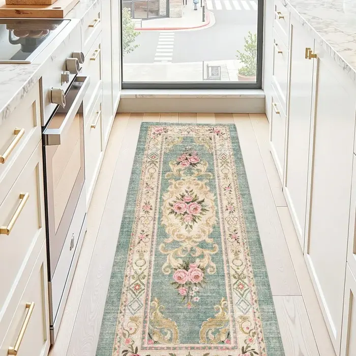 Tapis de couloir en feutre vintage vert rose à motif floral, antidérapant, lavable, style ferme, pou