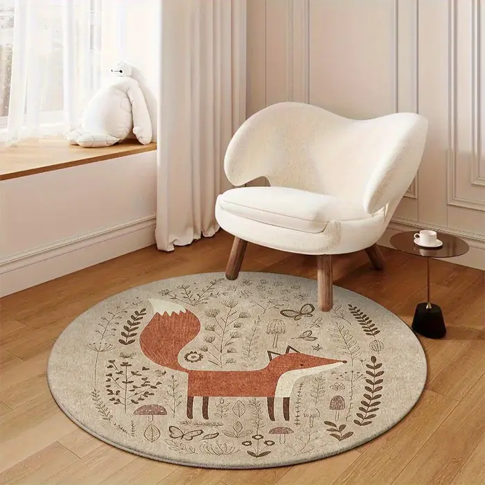 Tapis rond rustique en polyester doux motif renard des bois, tapis de sol bohème pour chambre d'enfant, tapis décoratif style forêt bohème