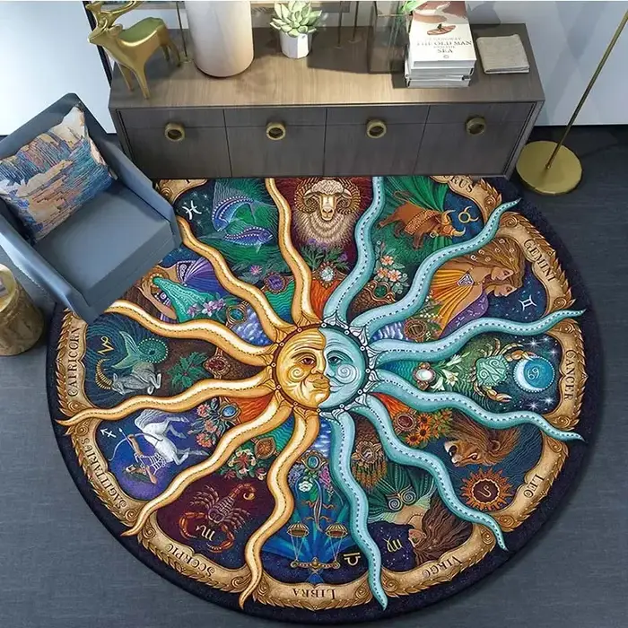 Tapis rond décoratif coloré Vintage, soleil céleste, lune, étoile, carte, terre, décoration de la ma