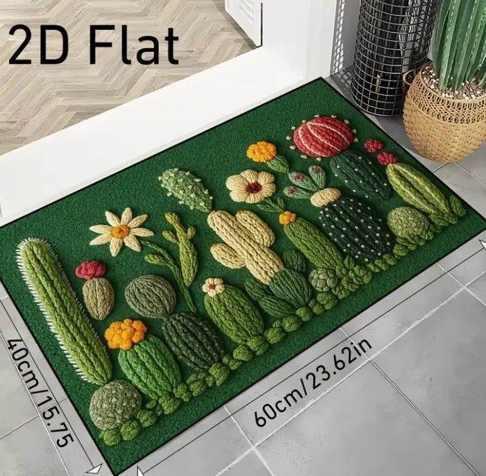 Paillasson brodé de fleurs de cactus - Tapis vert floral à motif de cactus pour l'entrée de la maiso