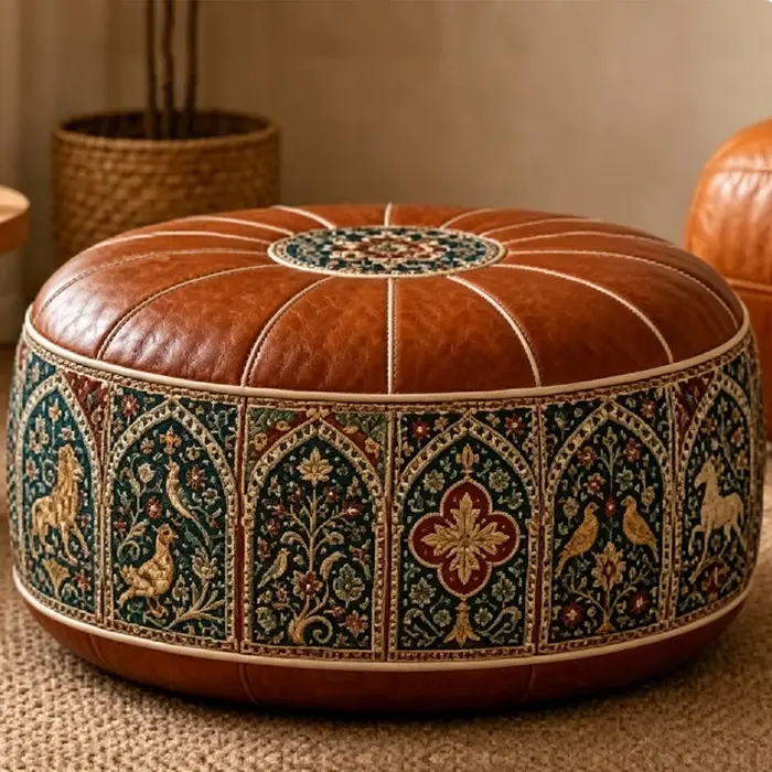 Housse de pouf ottoman à motif bohème, design remplissable, grande ouverture, repose-pieds, housse de pouf rond en cuir PU résistant à l'eau, pour salon