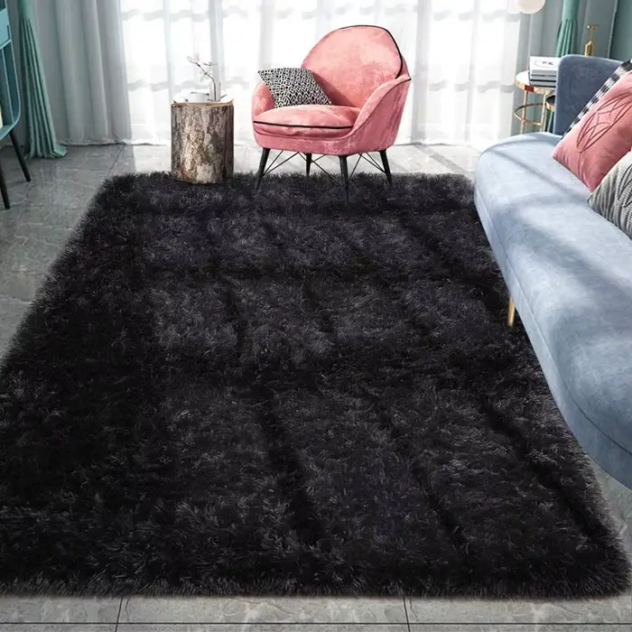 Tapis moelleux Shag Lea noir pour chambre d'enfant, tapis moelleux, tapis de salon, décor à la maison, polymères de sol