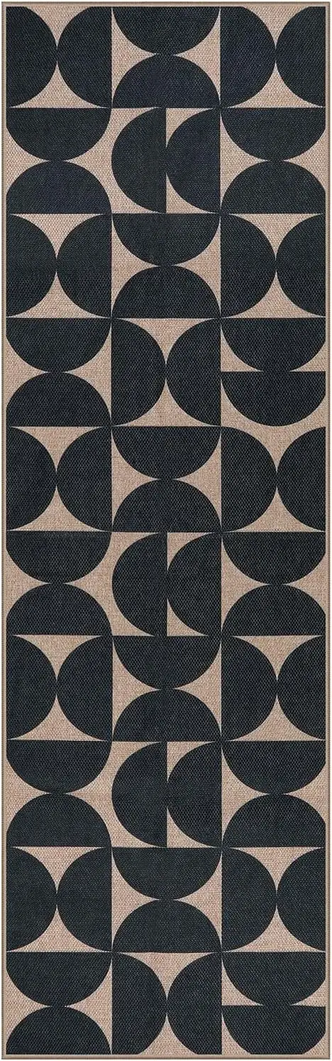 Tapis de couloir géométrique moderne noir beige japonais, abstrait, antidérapant, lavable, pour entr