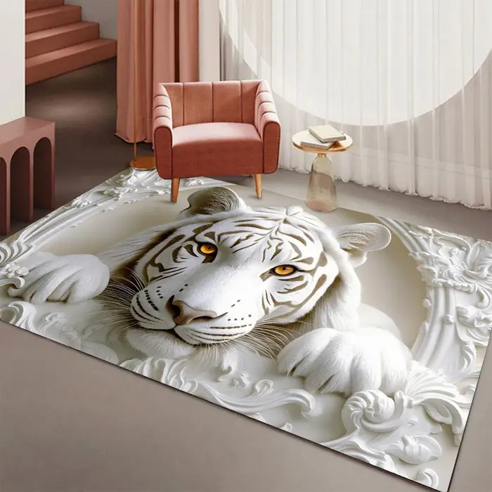 Tapis antidérapant 3D avec motif de tigre blanc en relief pour salon, chambre, entrée, cuisine, chambre d'enfant, salle de jeux, décoration de la maison