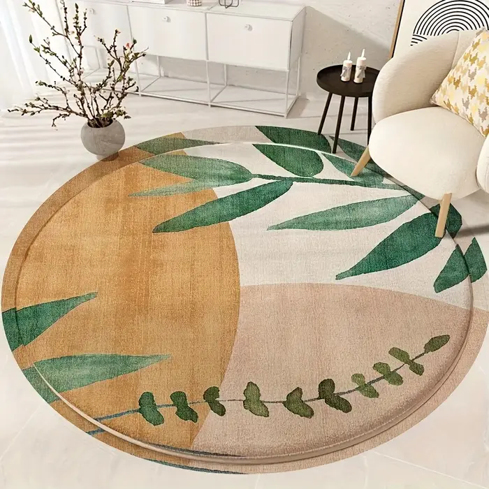 Tapis rond à motif de feuilles beiges – Tapis en peluche douce
