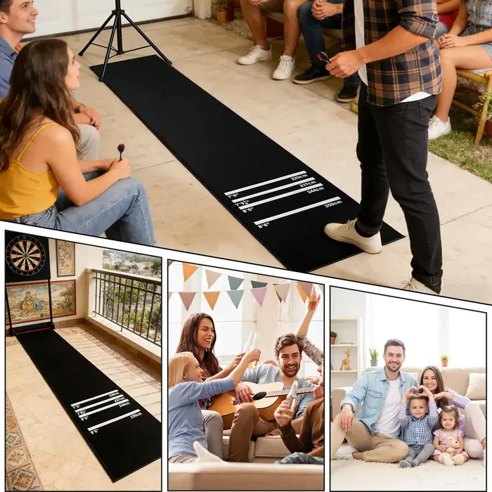 Tapis de fléchettes antidérapant et amortissant les chocs 300x34cm avec 4 marqueurs de distance de tir